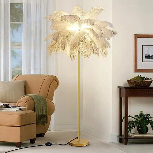 MiaJJooLi Fjäderstående vardagsrum, strutsfjädrar, LED-golvlampor för tonåringar och flickor med G4-glödlampa