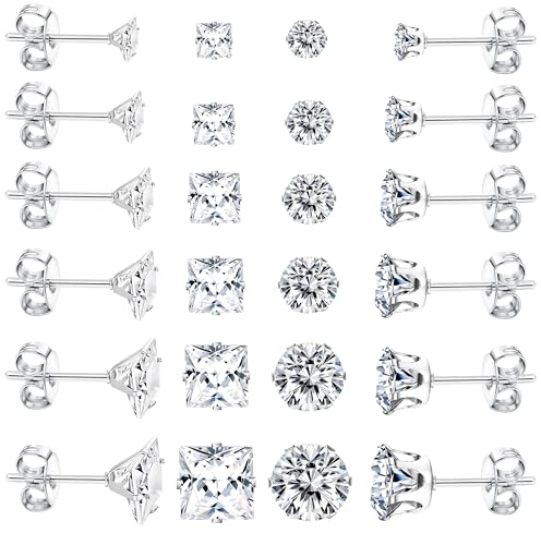 Dochais 12 Paar Ohrringe Männer,Ohrringe Herren Silber,Medizinische Ohrstecker aus 316L Chirurgenstahl, Hypoallergene Edelstahl Ohrring Set,Zirkonia Ohrstecker für Herren Damen Unisex