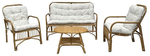 Salotto in vimini rattan naturale da interno ed esterno. divano cm 130 Salottino con cuscini. Set da giardino composto da 1 divano a 2 posti cm 130x64x90 H, 2 poltrone cm 63x64x90 H, 1 tavolino