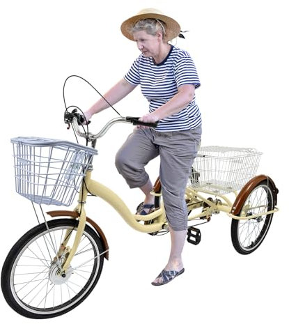 Fliuyr Dreirad 20 Zoll,3-Rad-Fahrräder mit Ablagekörbe Vorne und Hinten,6-Gang Senioren,Einstellbare Lenkerhöhe,Trommelbremsen vorne und hinten,Städtisches Dreirad für Ältere,Erwachsene