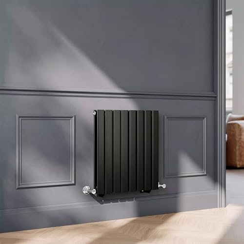 Lynwood Horizontal Radiator Flat Panel Matt Black Single Double Bars Modern Heating Radiator System – Interior Central Heating Kitchen Living Room Bedroom Radiators (600mm x 546mm - Double)