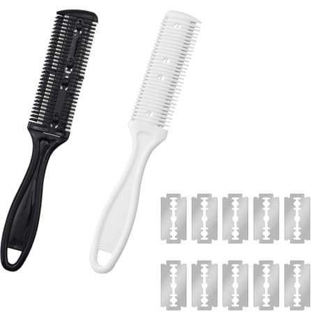 pettine capelli Tagliacapelli a pettine per sfollamento,pettine per diradamento dei capelli,rasoio a doppio lato con 10 lame di ricambio per capelli, adulti e bambini,taglio di capelli a casa,2 pezzi