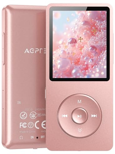 AGPTEK A02PL 64GB MP3 Player, 65 Hours Playback Music Player, Rose Gold