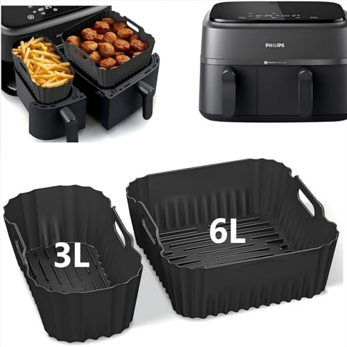 2-Pack Silicone Air Fryer Liner for Philips Dual Basket Air Fryer 3000 Series (3L/6L/9L), BPA Free Airfryer Accessories, Dishwasher Safe Dual Basket Liners for Philips NA350/NA550