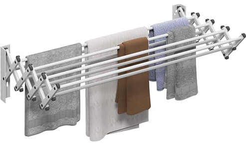 HOMCOM Wäscheständer Wand Ausziehbar Wäschetrockner Wandmontage mit 8 Stangen aus Aluminium, Platzsparender Trockenständer für Drinnen und Draußen 86 x 61 x 22 cm, Silber