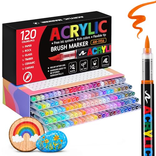 Tongfushop 120 Pennarelli Acrilici Set, Punta Pennello & Flusso Auto, Non Tossici, Impermeabili, Rapida Asciugatura & Alta Copertura per Vetro, Legno, Ceramica, Sassi – Ideale per Artisti e Creativi