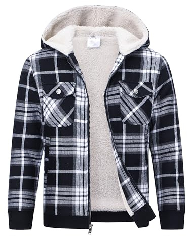 MoFiz Sudadera a Cuadros con Capucha Niños Invierno Chaqueta de Forro Polar Cálido Abrigo de Manga Larga con Cremallera y Bolsillos Negro-Blanco XL (164-176)