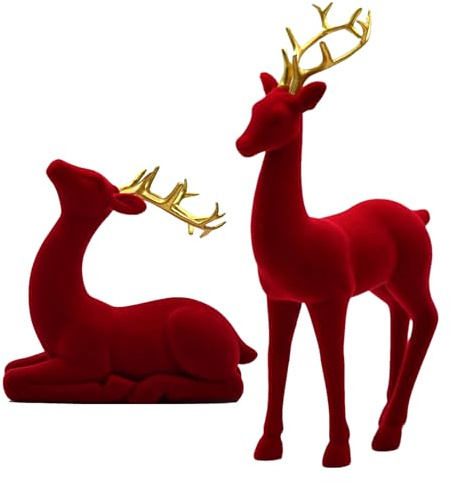 2 Pieces Christmas Reindeer Figurines, Red Resin Flocking Deer Figures Standing Sitting Deer Statues Elk Sculpture Tabletop Ornaments for Living Room Mantle Shelf Office Home Décor