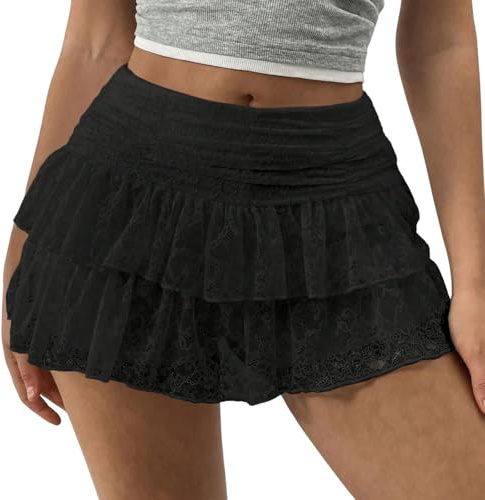 Lshyuehao Women's Floral Lace Mini Skirts Y2k Low Rise Layered Ruffled Hem Pleated A Line Short Skirt Fairycore Skirt Streetwear (A-Black, S)