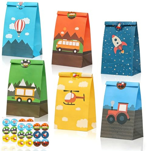 Cartoon Vehicle Themed Gift Bags with Stickers Set 12pcs Aircraft Motif Paper Gift Bags Hot Air Balloons Helicopters Rockets Vehicles Pattern Designs for Kids Party Favors Snacks Gifts