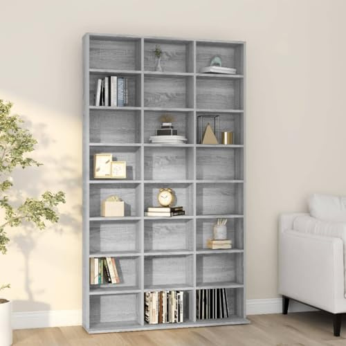 Mokuyary Sonoma - Scaffale per CD grigio, 102 x 23 x 177,5 cm, in materiale di legno, con 30 ripiani per CD, DVD, supporto per vetrina multimediale, libreria per camera da letto
