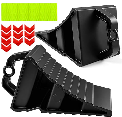 GZcaiyun 2 cuñas de freno con mango, cuñas de rueda de camión para coches, remolques, caravanas, coches, caravanas, con 20 pegatinas reflectantes, color negro