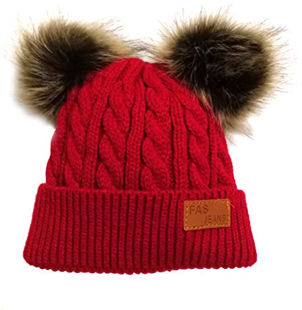 BESTOYARD Doppel Pompon Kind Kinder Beanie Mütze Nette Baby Fuchspelz Ball Strickmützen Herbst Winter Warme Weiche Häkeln Mädchen Jungen Hüte (Rot)