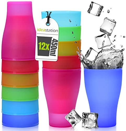 idea-station NEO Hartplastik Becher 12 x 450 ml - bunt - bruchsichere Kunststoffbecher für Kinder - Plastikbecher Mehrweg für Cocktails, Outdoor, Camping