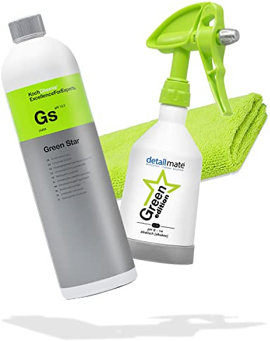 detailmate Green Star Set: Koch Chemie GreenStar universalrengöring bil, industri, verkstad, KWAZAR Mercury sprayflaska, Green Edition – 0,5 l – lämplig för ph 8-14 + mätkopp 50 ml.