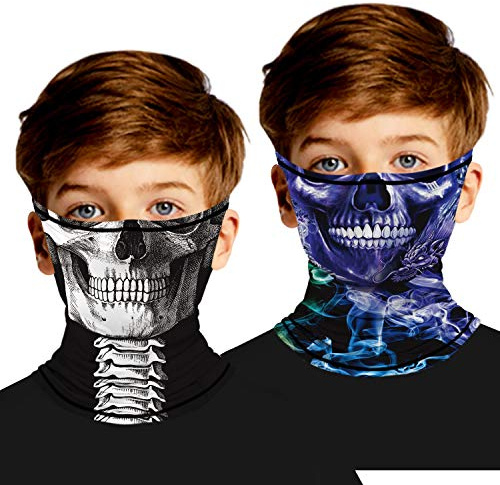Ainuno Kids Neck Gaiter Skull Bandana Mask with Ear Loops for Kids Boys Girls Child Face Balaclava Half Face Cover Scarf Skull Printed Skeleton Halloween Mask Cool Funny,L 7-12 Years