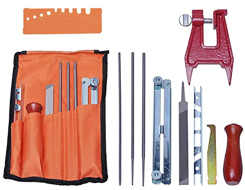 Poweka Afilador de Cadena de Sierra, Juego de Limas para Afilar Sierras de Cadena Incluye Limas, Mangos de Madera, Medidor de Profundidad, Guía de Limado, Bolsa de Herramientas y Tornillo de Banco