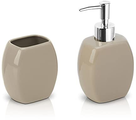 Inbagno Set Accessori Bagno 2 Pezzi in Ceramica, Kit Accessori da appoggio, Include Dispenser Sapone e portaspazzolini (Tortora)