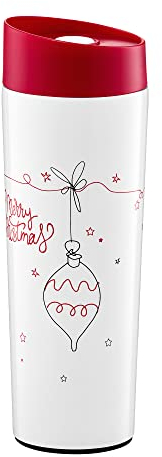 AMBITION Thermobecher 340 ml Isolierbecher to go Edelstahl Klick-Verschluss weiß mit rotem Deckel Weihnachtsmuster doppelwandig Line Art Kollektion Weihnachtskugel