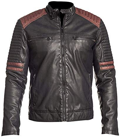 AKSAH FASHION retro svart vintage motorcykel äkta biker läderjacka, Svart, XXL