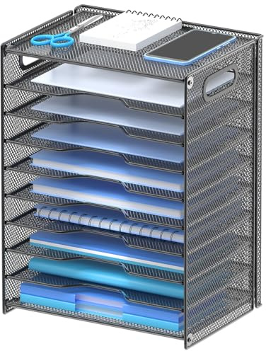 OUTWOLF 10 Tier Paper Organizer - Letter Tray Mesh Desk File Organizer with Handles for Office School Desktop, Black