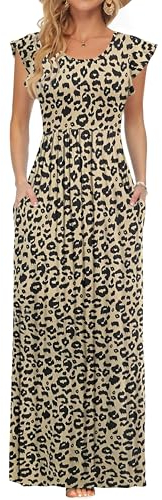 AUSELILY Women Casual Ruffle Petal Short Sleeve Crewneck Pockets Dress Summer Stretchy High Waist Flowy Dresses for Beach Leopard,M