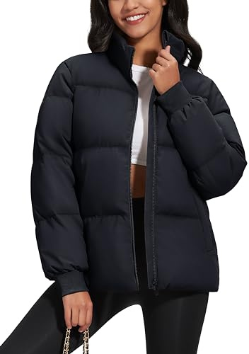MAGCOMSEN Women's Down Jacket Short Baggy Puffer Water-resistant Coat Long Sleeve Warm Padded Outerwear with Pockets Black S