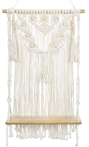 Oairse Tapiz bohemio decorativo de macramé, estantería de pared, estantería de madera, estante colgante, cuerda de algodón, tapiz bohemio, decoración de pared, hecho a mano, para dormitorio,