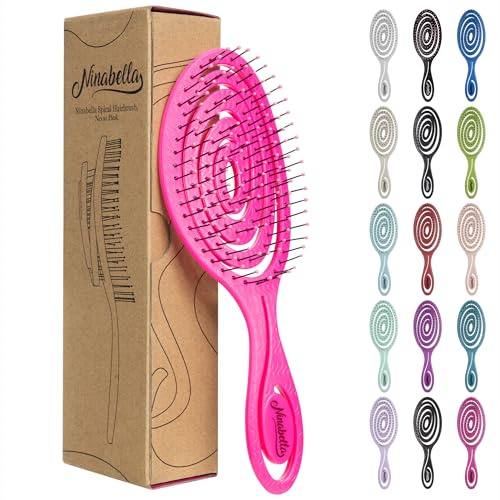 Ninabella Spazzola Districante per Capelli - Spazzola Capelli Bagnati Mossi Ricci - Anti Rottura e Sciogli Nodi per Extension Donna - Design a Spirale Ergonomico - Rosa Neon