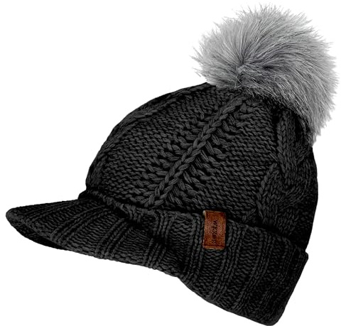 WEROR Gorro de mujer con pompón – Gorro con escudo, gorra con visera, gorro de invierno con visera – Gorro de invierno forrado – WEROR-446.1, Negro , Talla única
