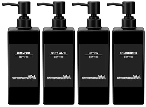 Dispensador de Champú y Acondicionador HCYWOC, 4 Piezas de 500ml Dispensador de Jabón para Baño, Dispensador de Jabón de Manos Recargable, Dispensador de Botella de Bomba con 16 Etiquetas Impermeables