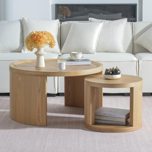 Cagnolier Couchtisch rund 2er Set, erhöhter Rand, Ø80/46cm, Natur | Wohnzimmertisch rund, Satztisch, Couchtisch Set, platzsparend ineinanderschiebbar, flexibel separat nutzbar
