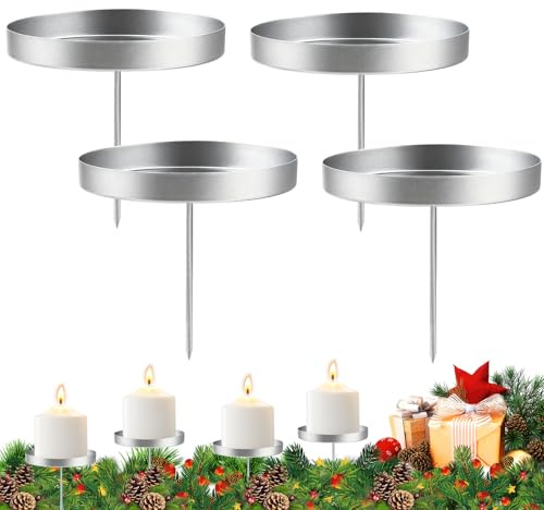 4 unidades de coronas de Adviento portavelas de 8 cm para velas de pilar, color plateado, corona de Adviento, soporte para velas de Adviento, sin espina, corona para A-dventskranz Navidad decoración