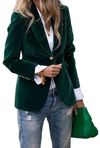 Blazer Für Damen Damen 1 Knopf Taillierter Samtblazer Jacke Vintage Langarm Revers Anzugmantel Solide Elegant Business Arbeit Büro Oberbekleidung Outfit Mit Taschen Dunkelgrün M