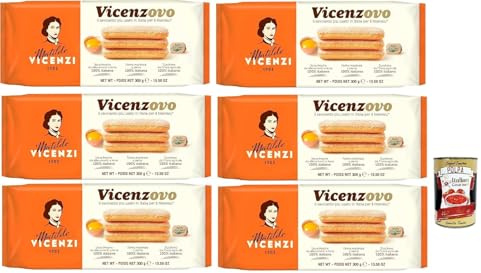 Italian Gourmet Bundle Vicenzovo, 6 x 300 g biscuits cuillère pour tiramisu savoiardi pâtisserie italienne œufs frais farine italienne sucre italien format 1,8 kg + Italian Gourmet Polpa