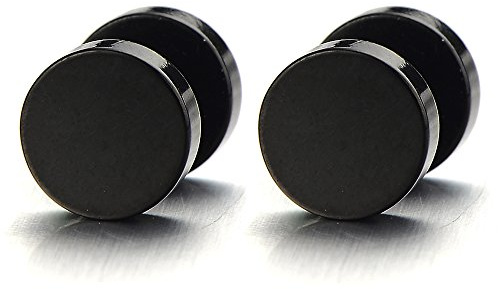 Black Fake Plug Earrings for Men Women, Stainless Steel Faux Gauge Stud Earrings Round Disc