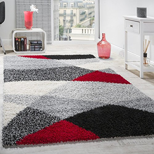 Paco Home Shaggy Teppich Hochflor Langflor Weich Geometrisch Gemustert Grau Schwarz Rot, Grösse:160x220 cm