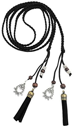 Exotische Damen Mädchen Gürtel Bauchkette mit Quaste und Holzperlen 150cm Lang Geflochtene Waist Belt