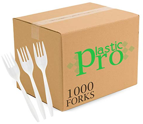 Plasticpro Cutlery Plastic Forks Medium Weight Disposable Silverware (White,1000 Forks)