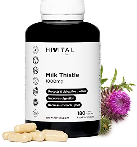 Cardo Mariano 1000 mg. 180 capsule vegane per 6 mesi di trattamento. Estratto concentrato 25:1 con l'80% di silimarina e il 30% di silibina e isosilibina. Prodotto in Europa da HIVITAL