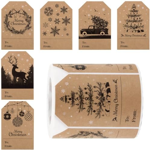 250pcs Christmas Sticky Labels Gift Tags Stickers for Presents Xmas Name Tags to from Kraft Paper Adhesive Labels 50x75mm 6 Designs