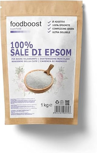 Sale Epsom Puro 1Kg Foodboost, Naturale al 100%, Ricchissimo di Magnesio, Efficace per la Bellezza di Corpo, Pelle e Capelli, Ottimo come Fertilizzante