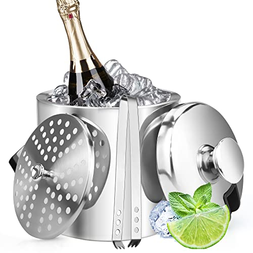 Eiskübel, Edelstahl Eiseimer 3,2L Doppelstöckiger Eiswürfelbehälter mit Deckel & Eiszange Rundes Großer Bierfass Doppelwandiger Solierter Weinkühler Sektkühler Eisbehälter für Bier Champagner, Silber