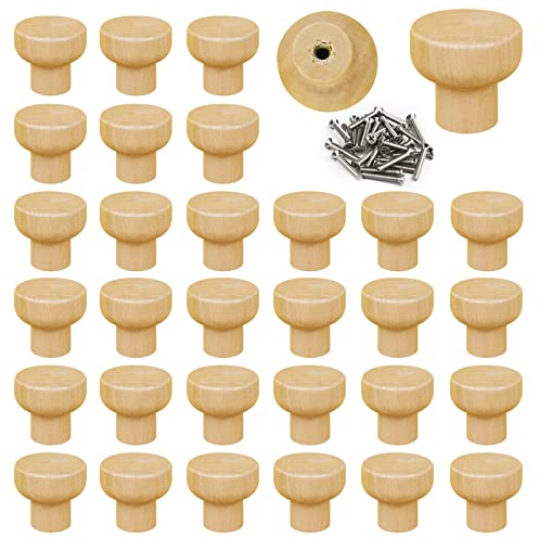 Pomos De Madera 30 Piezas Perilla de Madera Redonda del Cajón, Perillas de Madera del Gabinete, Muebles de Madera sin Terminar Perillas con 30 Piezas de Tornillos para El Cajón, Armario