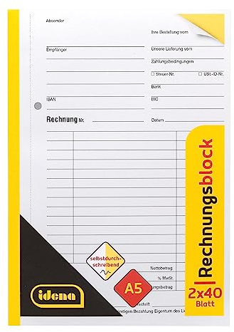 Idena 10848 - Rechnungsblock, DIN A5, selbstdurchschreibend, 2 x 40 Blatt, für Kleinunternehmer