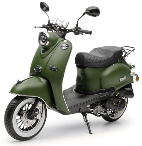Burnout MiniMe 2.0 Motorroller 50 ccm Mattgrün, 45 km/h, 3,1 PS, 10 Zoll, vorn Scheibenbremse hydraulisch, hinten Trommelbremse, LED-Tagfahrlicht, Halogen-Scheinwerfer