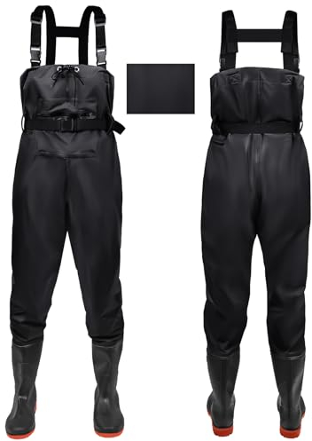 IEEILULU Wathose Herren Damen, Nylon Anglerhose mit Stiefel, rutschfest wasserdichte Watthosen Atmungsaktive Wathose mit Stiefeln, Watstiefel Hose für Sport Angelliebhaber (Schwarz, 46)