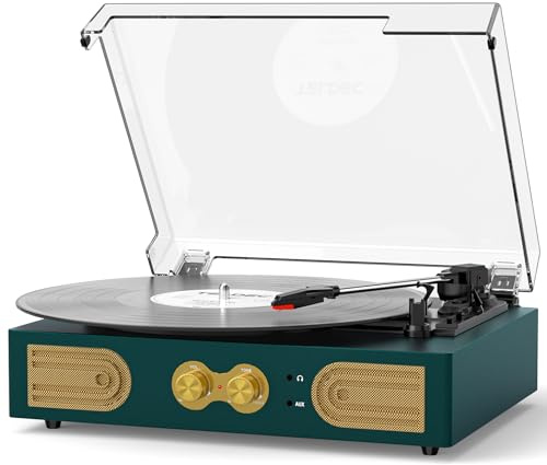 Vinyl Record Player with Built-in Speakers, Vintage 3-Speed Turntable, Bass/Treble Control, Headphone Jack, RCA/AUX Outputs, Belt-Driven LP Player, Green
