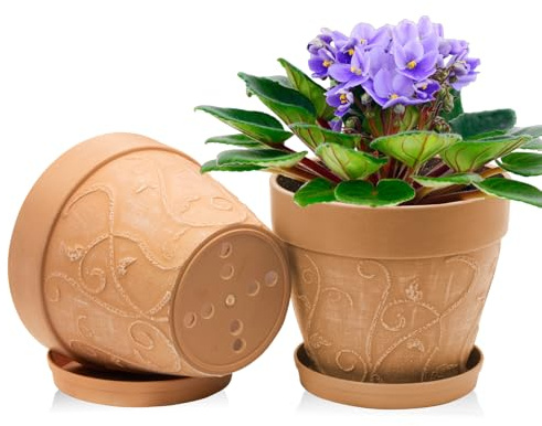 ZMTECH Vasi 20 cm con Sottovasi e Fori di Drenaggio, Vasi in Plastica Effetto Terracotta da 8 Pollici per Piante da Interno ed Esterno (Color Terracotta, Set di 2)