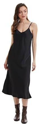 J.Corrine Vestido de satén para mujer, tirantes delgados, longitud midi con cuello en V, abertura lateral, informal, fiesta, sexy, vestido de noche largo, Negro , M